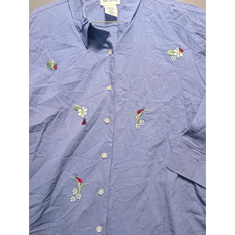 Blair Womens 2XL Blue Cotton Embroidered Floral Ladybug 3/4 Sleeve Button Shirt - Picture 3 of 9